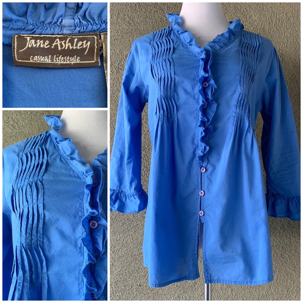 🔥5/$20🔥 “Jane Ashley” Blue Cotton Button-down Shirt with Pintucks Ruffles L